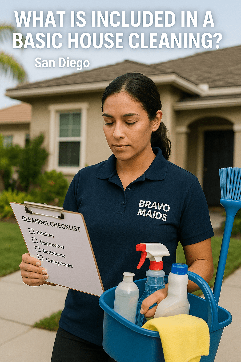 Bravo Maids house cleaner in San Diego reviewing a basic house cleaning checklist outside a residential home with cleaning supplies.