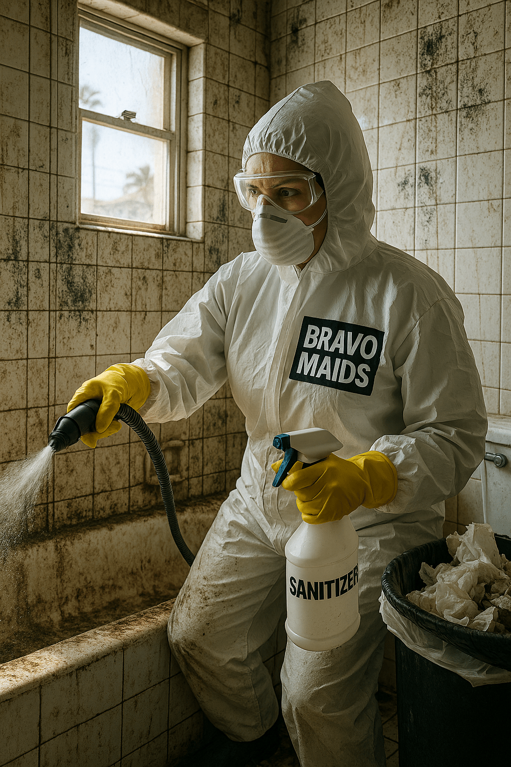 Professional cleaner in hazmat suit performing bathroom sanitization service in San Diego, wearing Bravo Maids uniform.