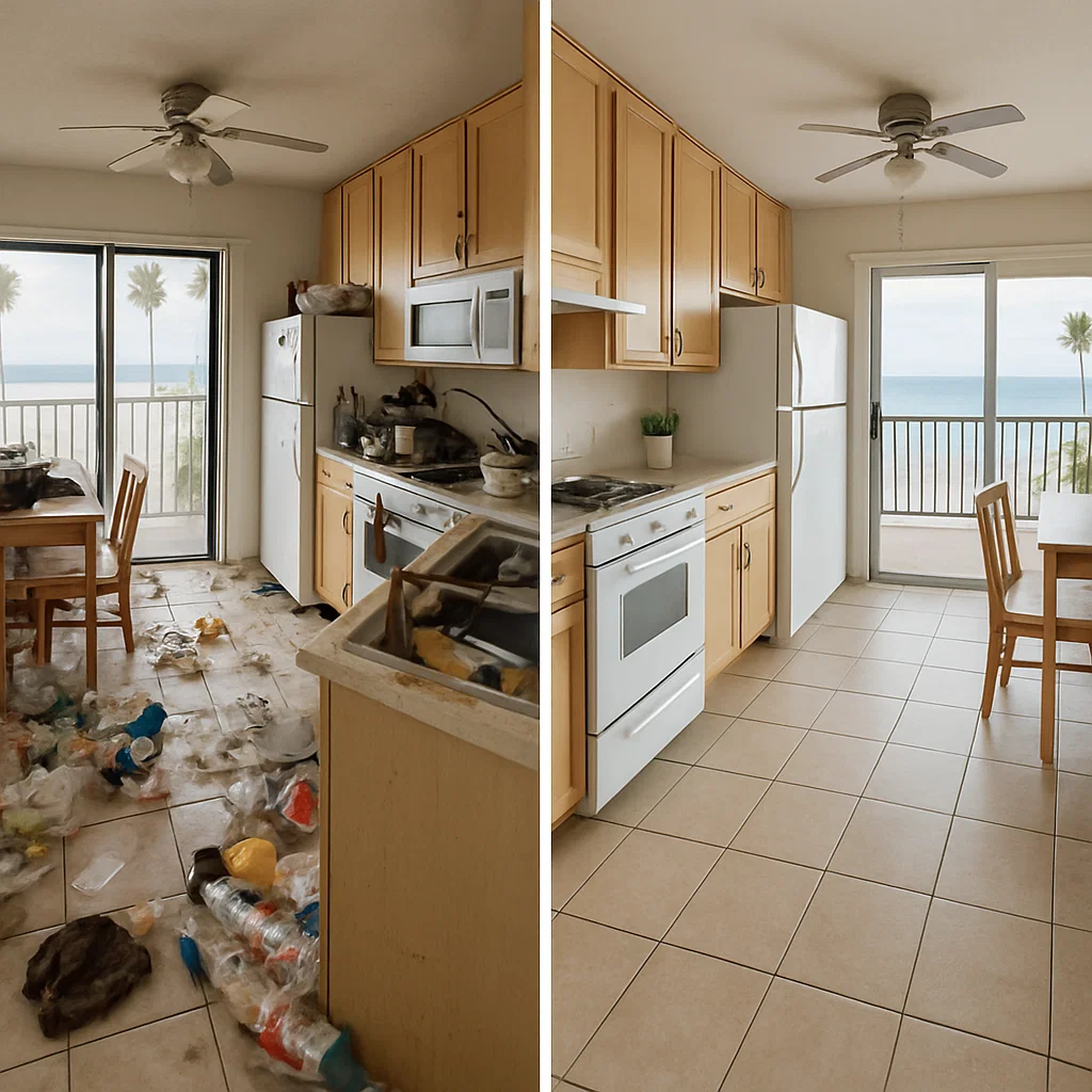 Before and after image of a messy kitchen cleaned by Bravo Maids during tenant move out