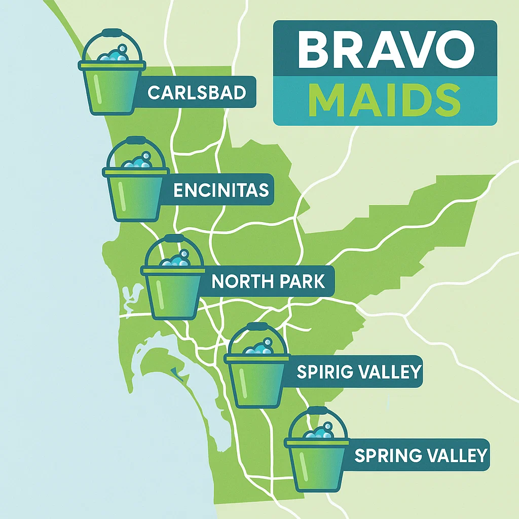 Map showing Bravo Maids service areas for move out cleaning across Carlsbad, Encinitas, North Park, and more