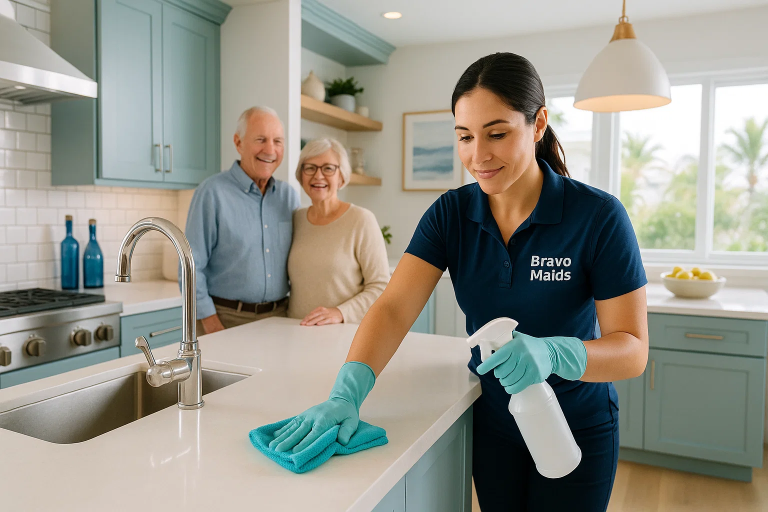Bravo Maids house cleaner sanitizing kitchen counter for senior couple – senior cleaning services San Diego.