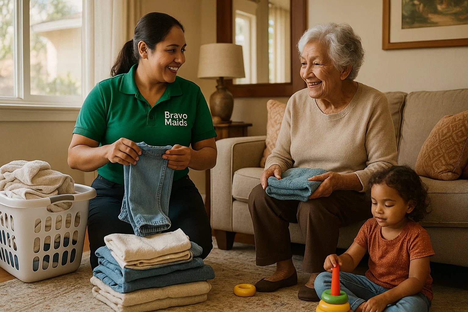 Bravo Maids professional assisting senior woman with folding laundry – senior cleaning services San Diego.