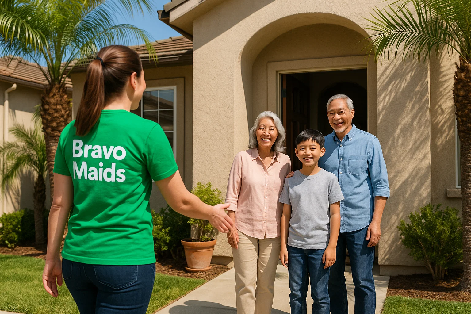 Bravo Maids professional greeting senior family outside their San Diego home – senior cleaning services San Diego.