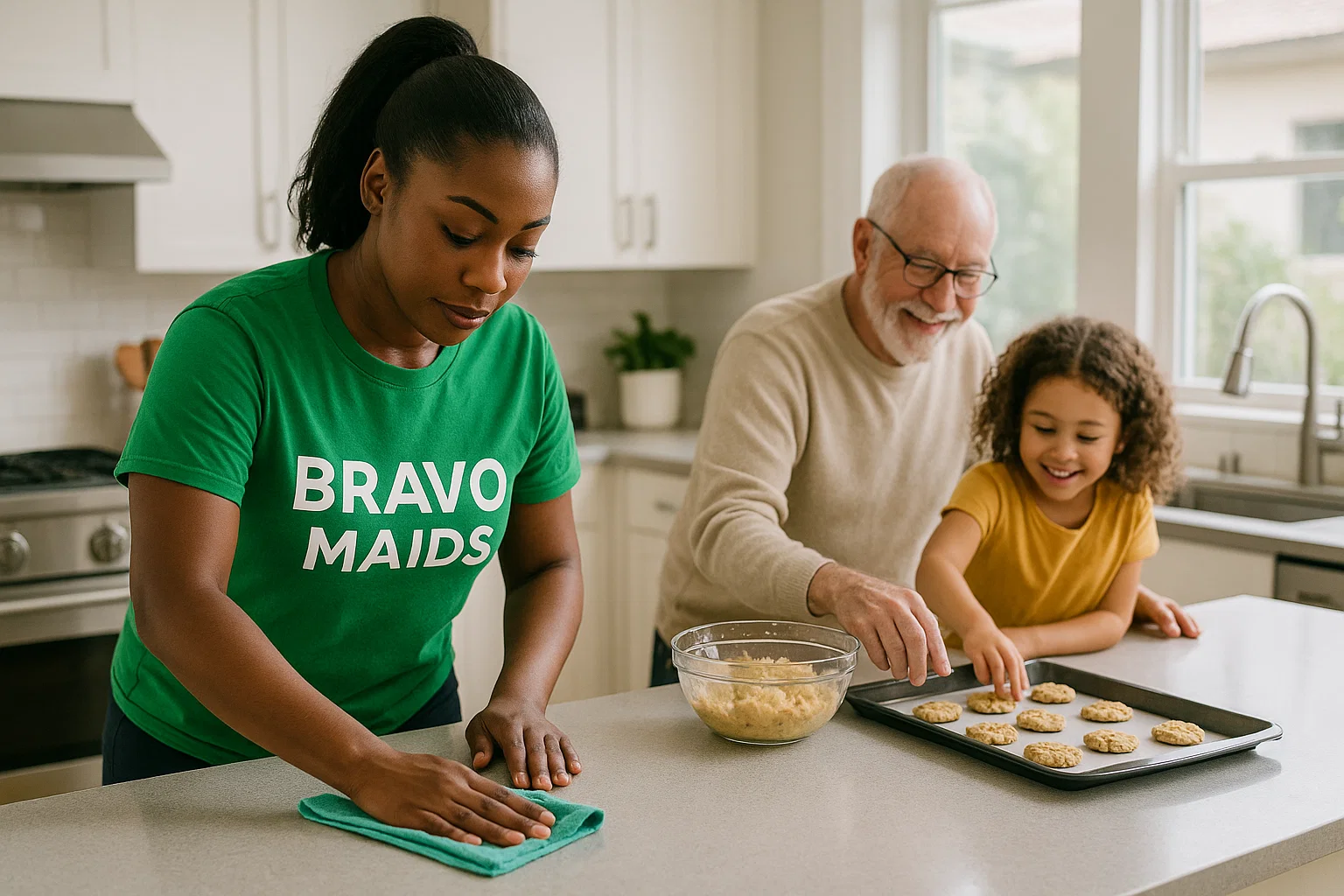 Bravo Maids cleaner wiping counter while senior man and child bake – senior cleaning services San Diego.