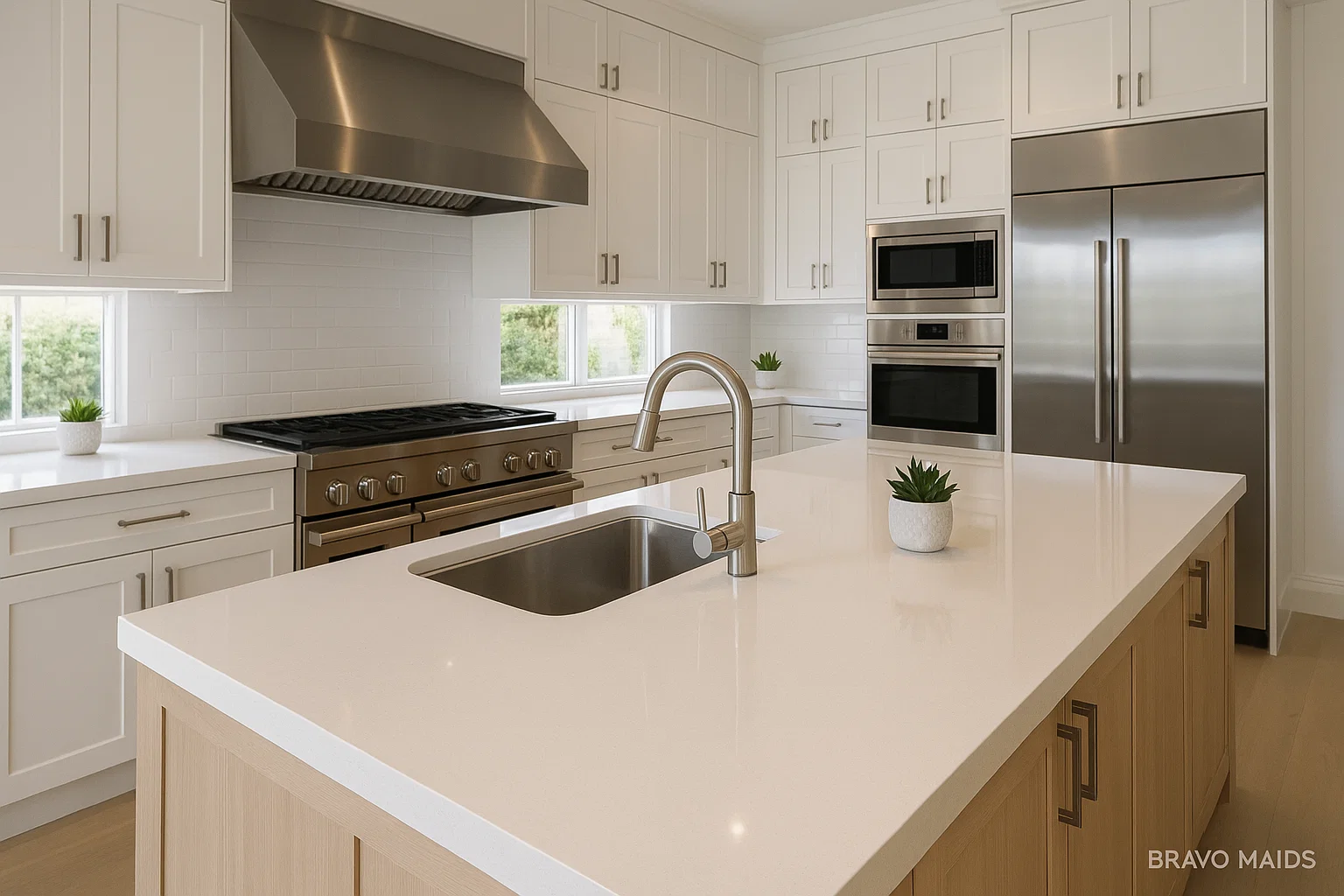 Bright, modern Torrey Pines kitchen sparkling after Bravo Maids house cleaning