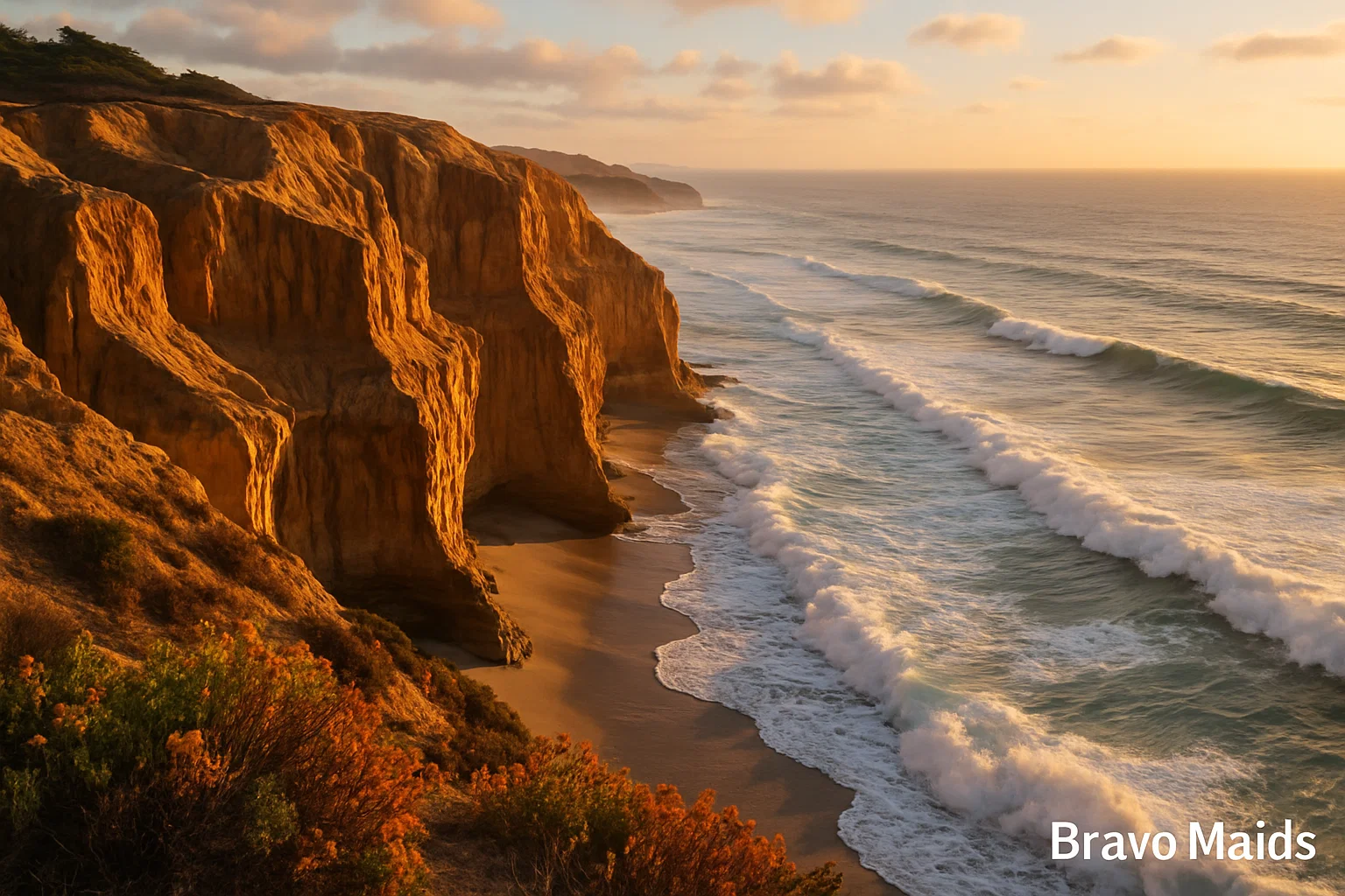 Torrey Pines cliffside at sunset with ocean waves below, near luxury homes