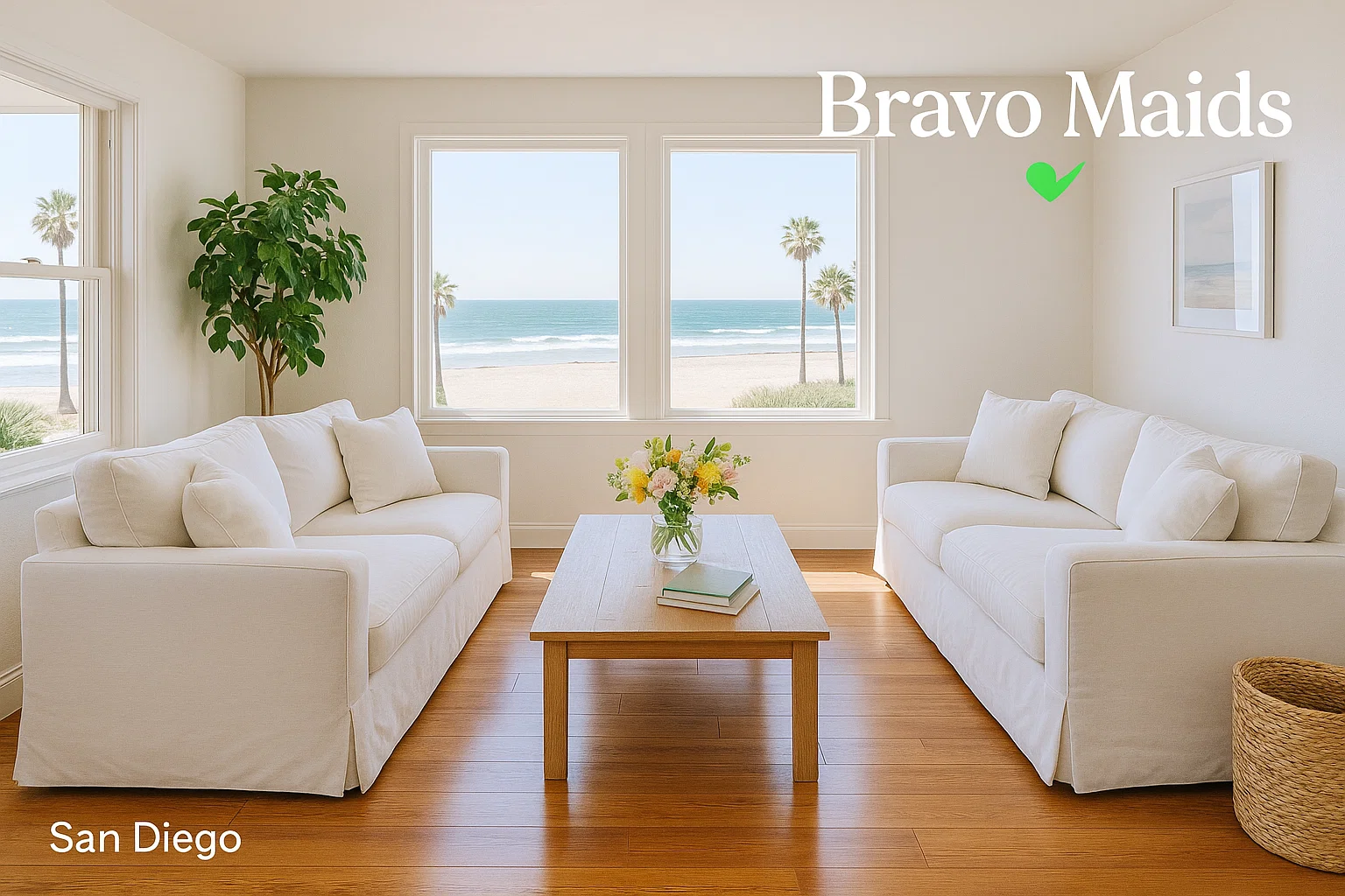Airbnb cleaning service San Diego beachfront living room spotless and sunlit
