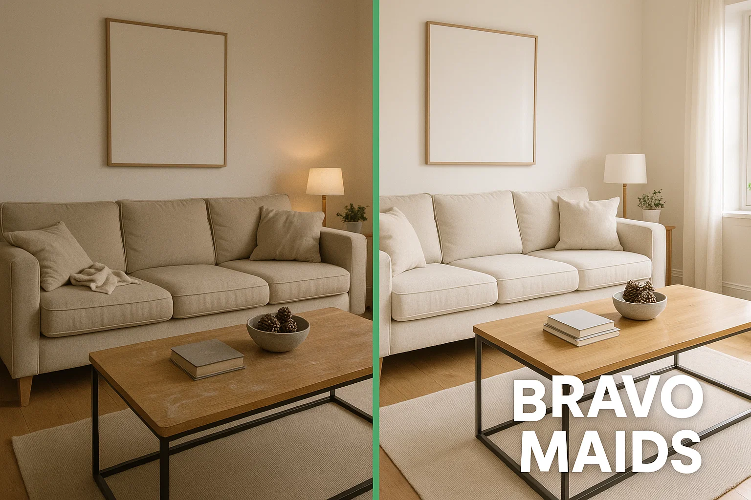 Before and after of a cleaned San Diego living room.