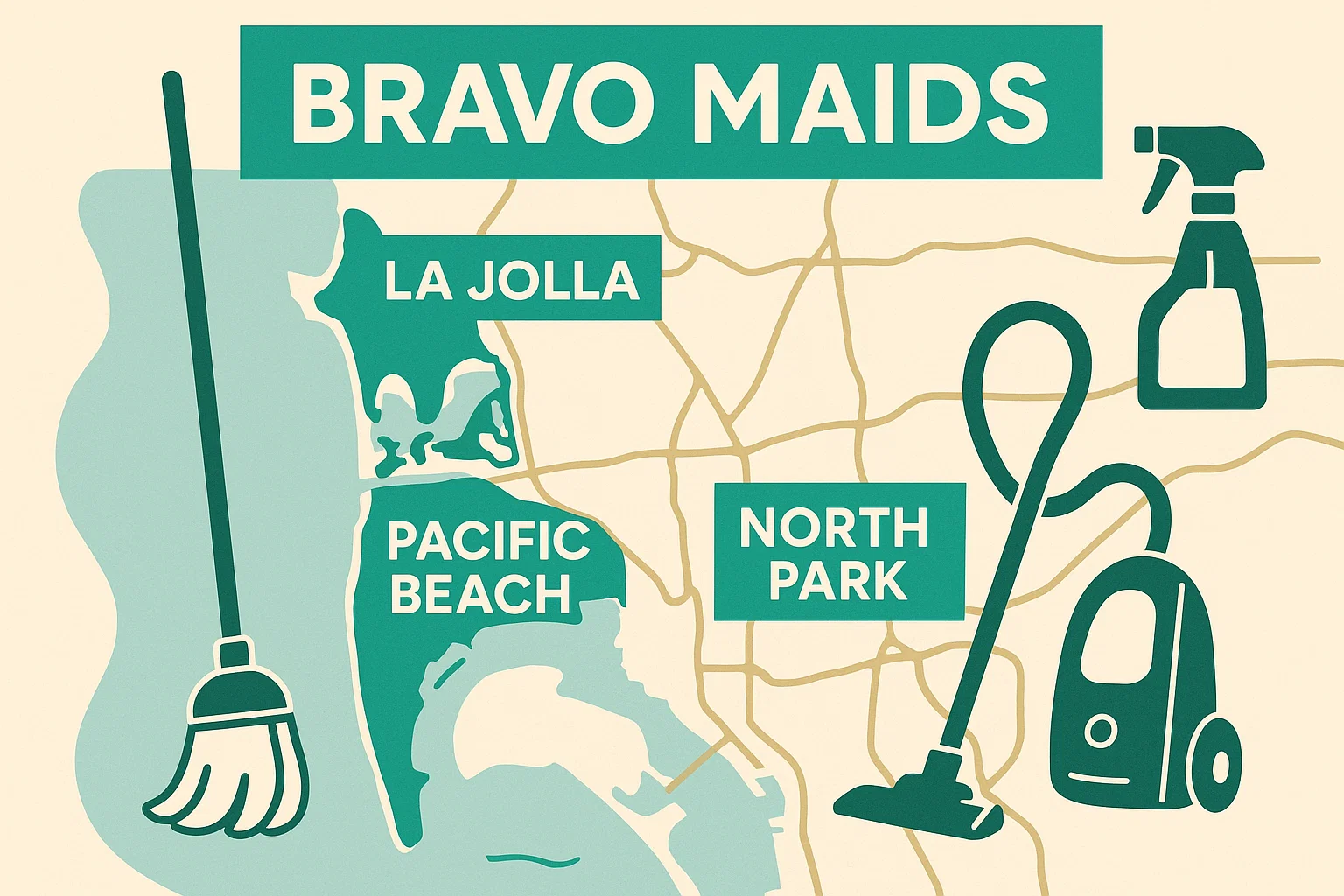 San Diego neighborhood map with cleaning service icons.