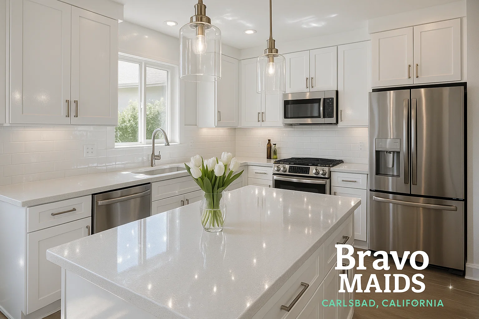 Carlsbad house cleaning services gleaming stainless steel white quartz kitchen