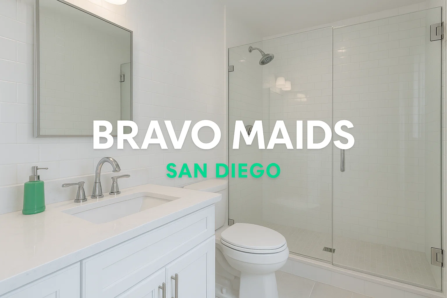 Pristine San Diego bathroom after Bravo Maids deep cleaning with polished chrome fixtures, sparkling tiles, and spotless shower doors.
