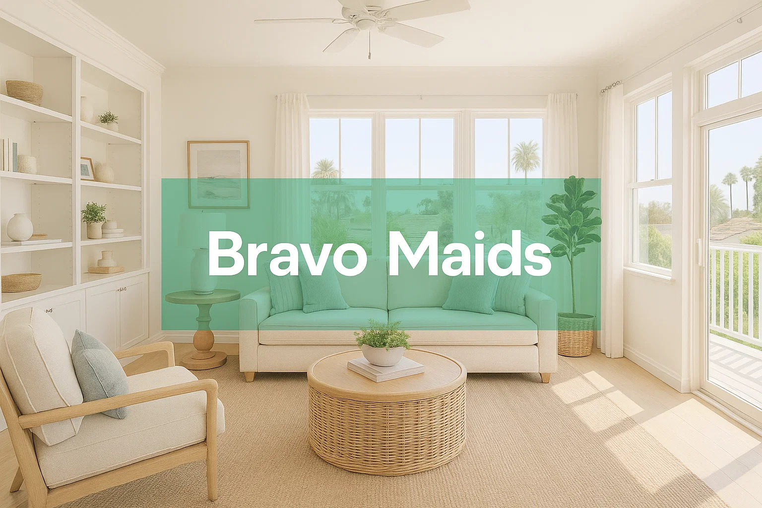 Fresh San Diego living room after deep cleaning with dust-free shelves, spotless hardwood floors, and streak-free windows by Bravo Maids.