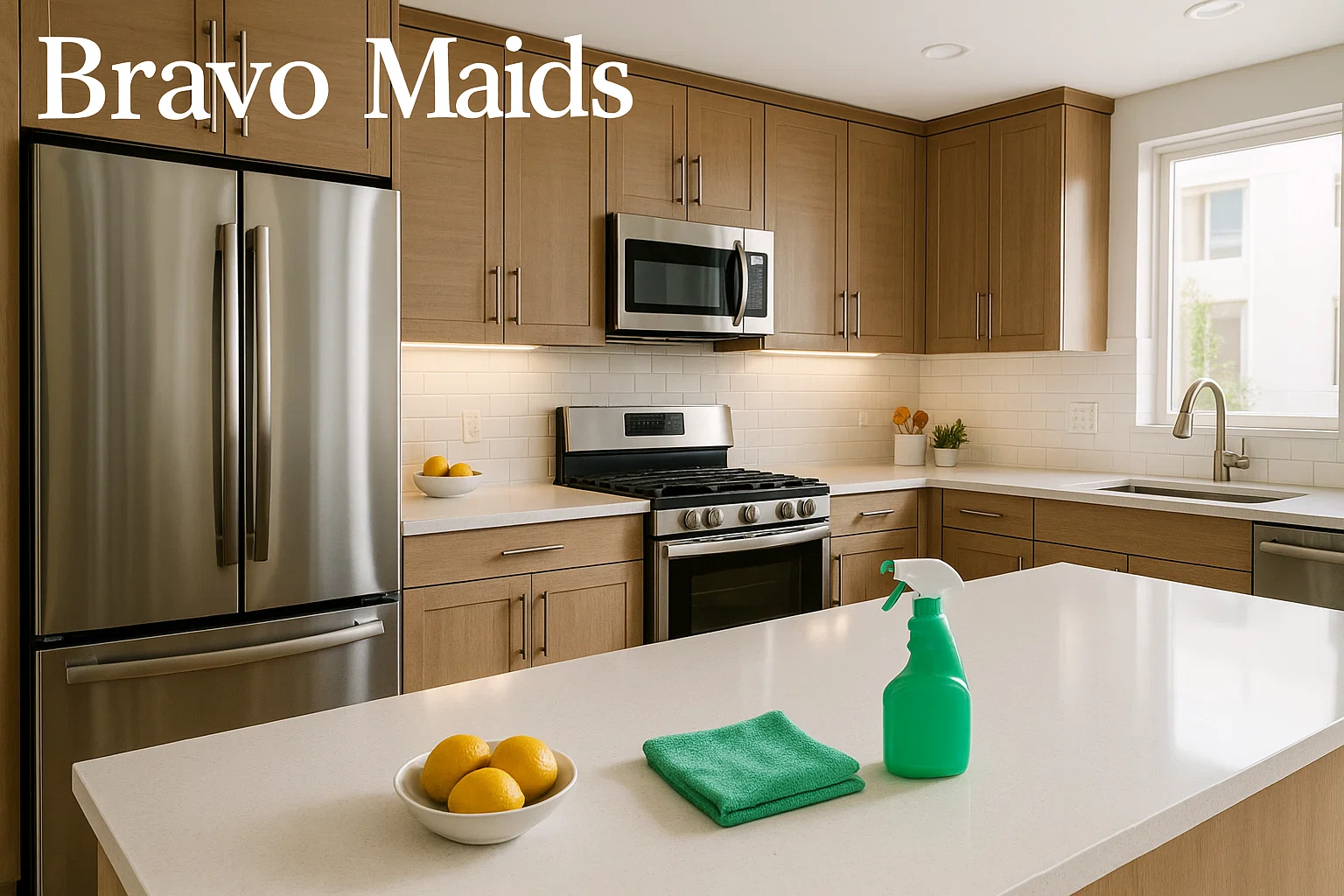 Modern San Diego kitchen sparkling with stainless steel and stone counters after Bravo Maids cleaning