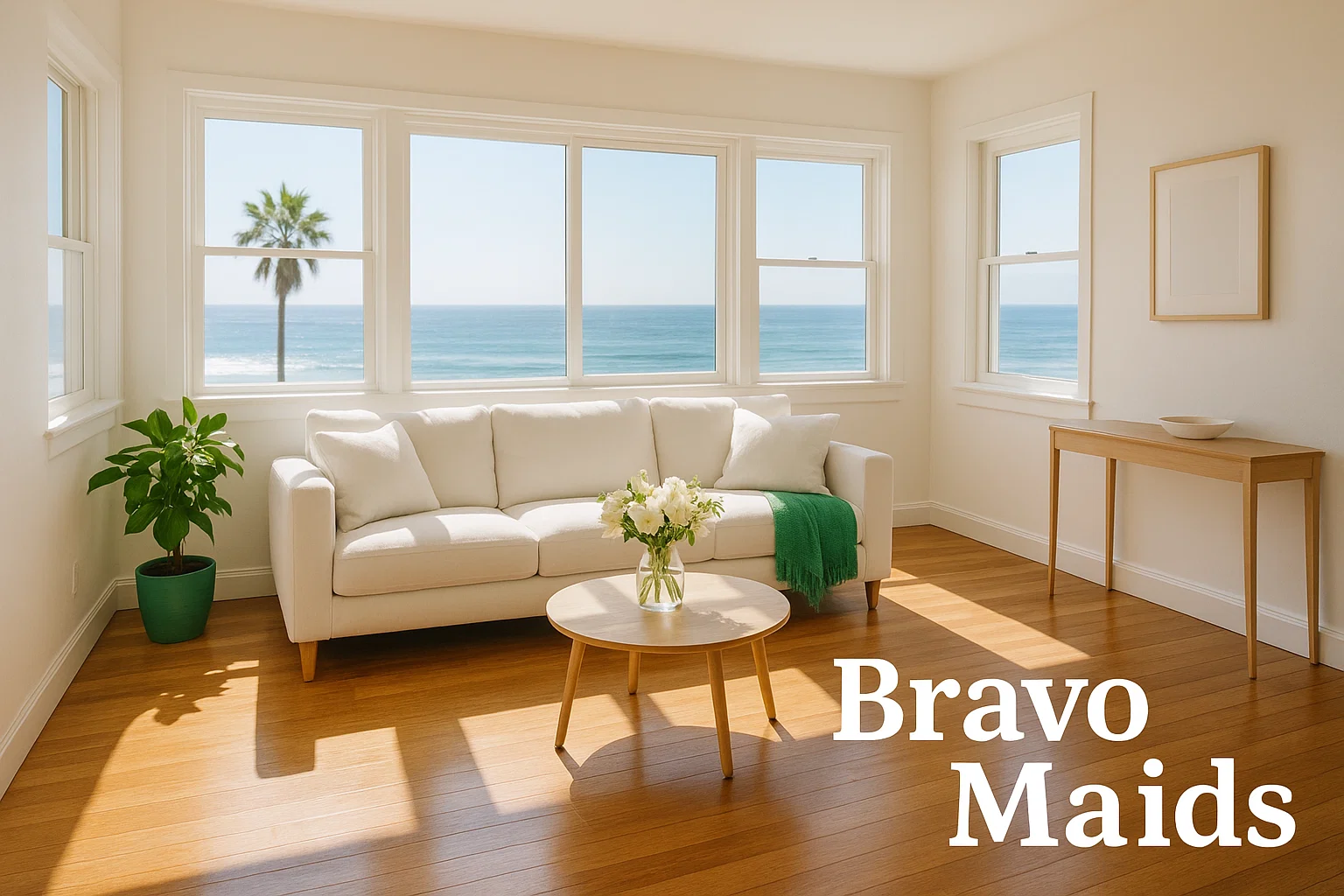 Sunlit coastal San Diego living room spotless after Bravo Maids cleaning