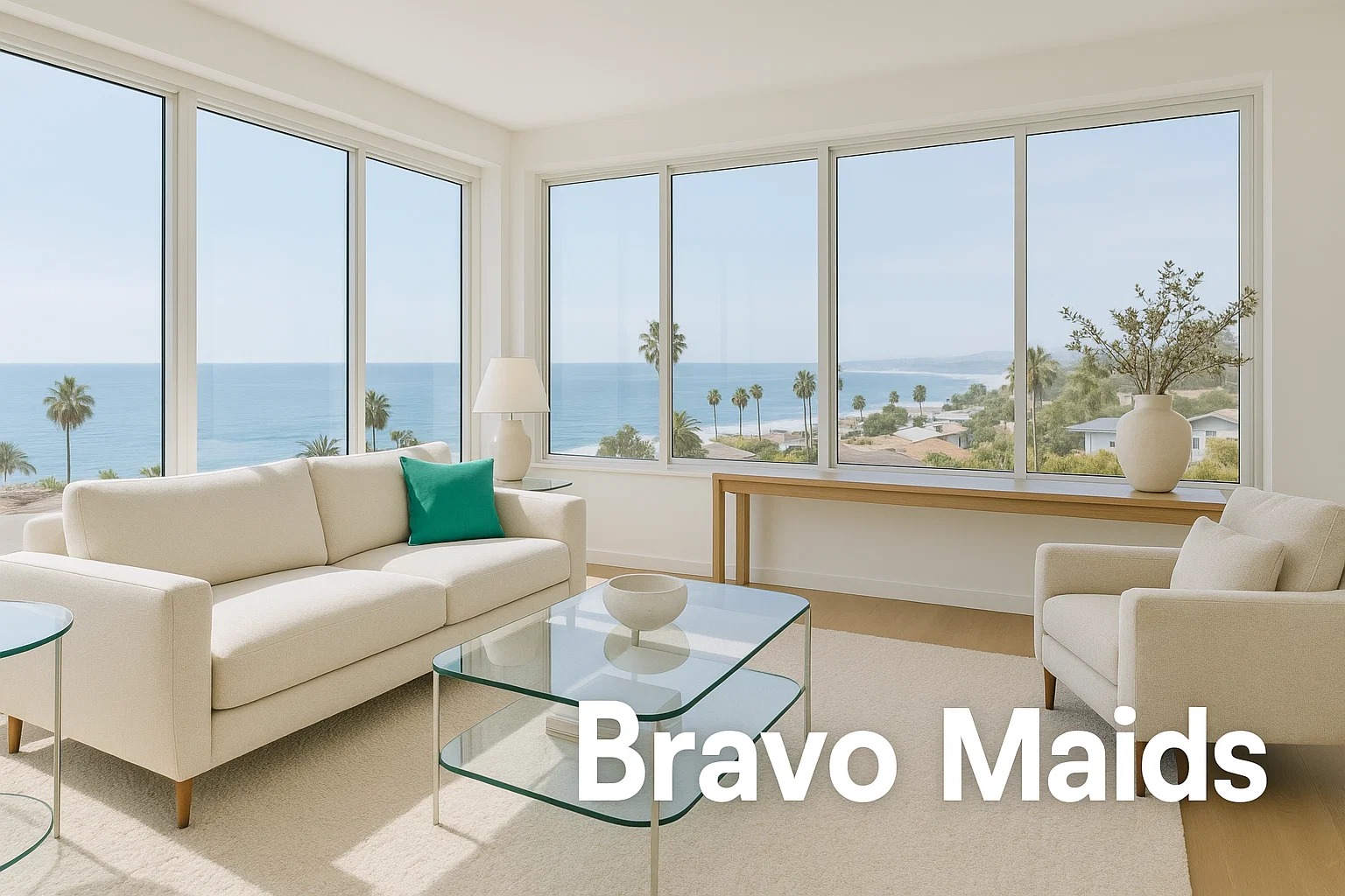 Coastal living room sparkling after monthly cleaning service San Diego