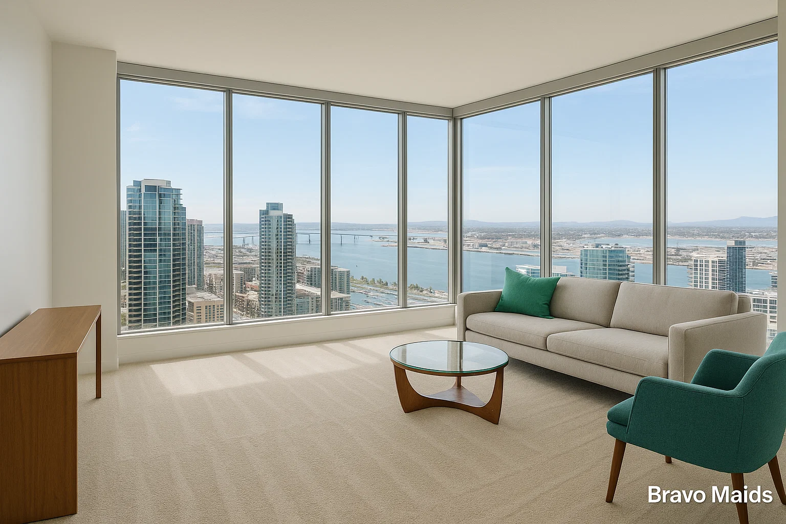 Apartment move in cleaning San Diego luxury living room with panoramic city views and freshly polished floors
