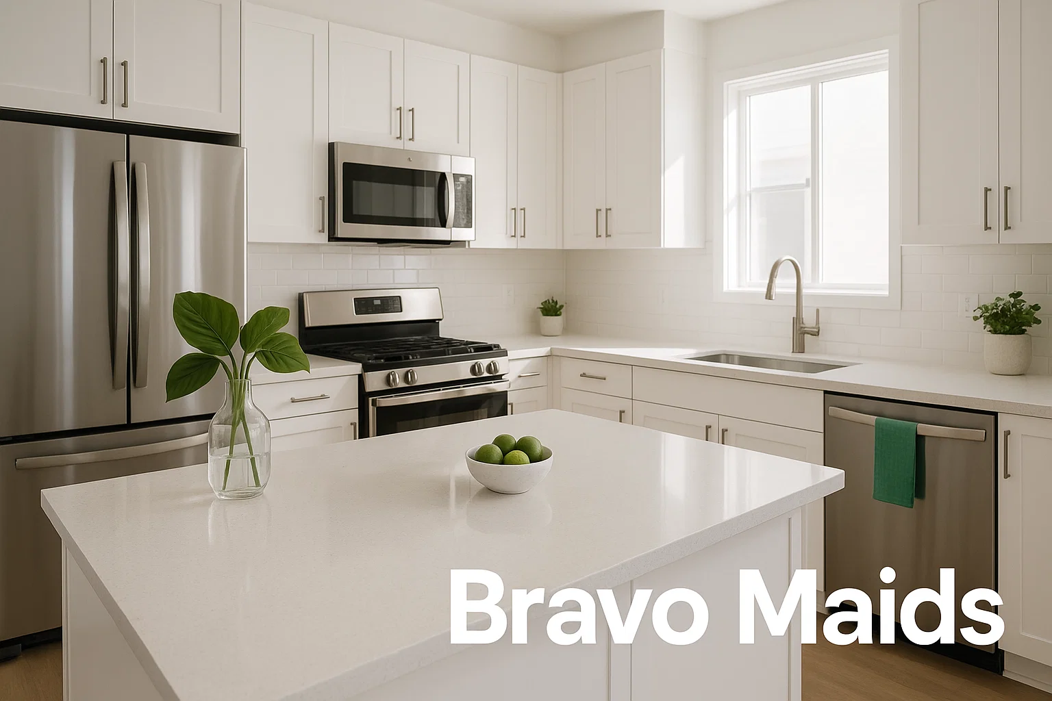Move in cleaning service San Diego modern kitchen with spotless quartz counters and gleaming stainless appliances