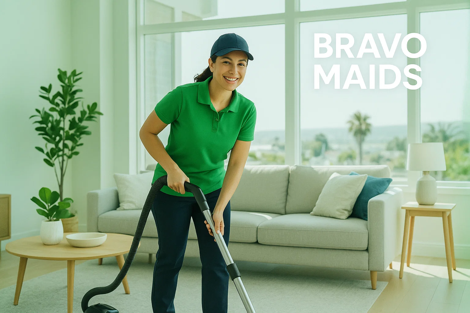 Professional cleaner working in modern San Diego living room