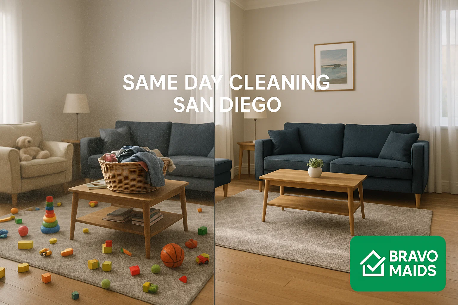 Before and after of a living room cleaned by Bravo Maids same-day cleaning service in San Diego