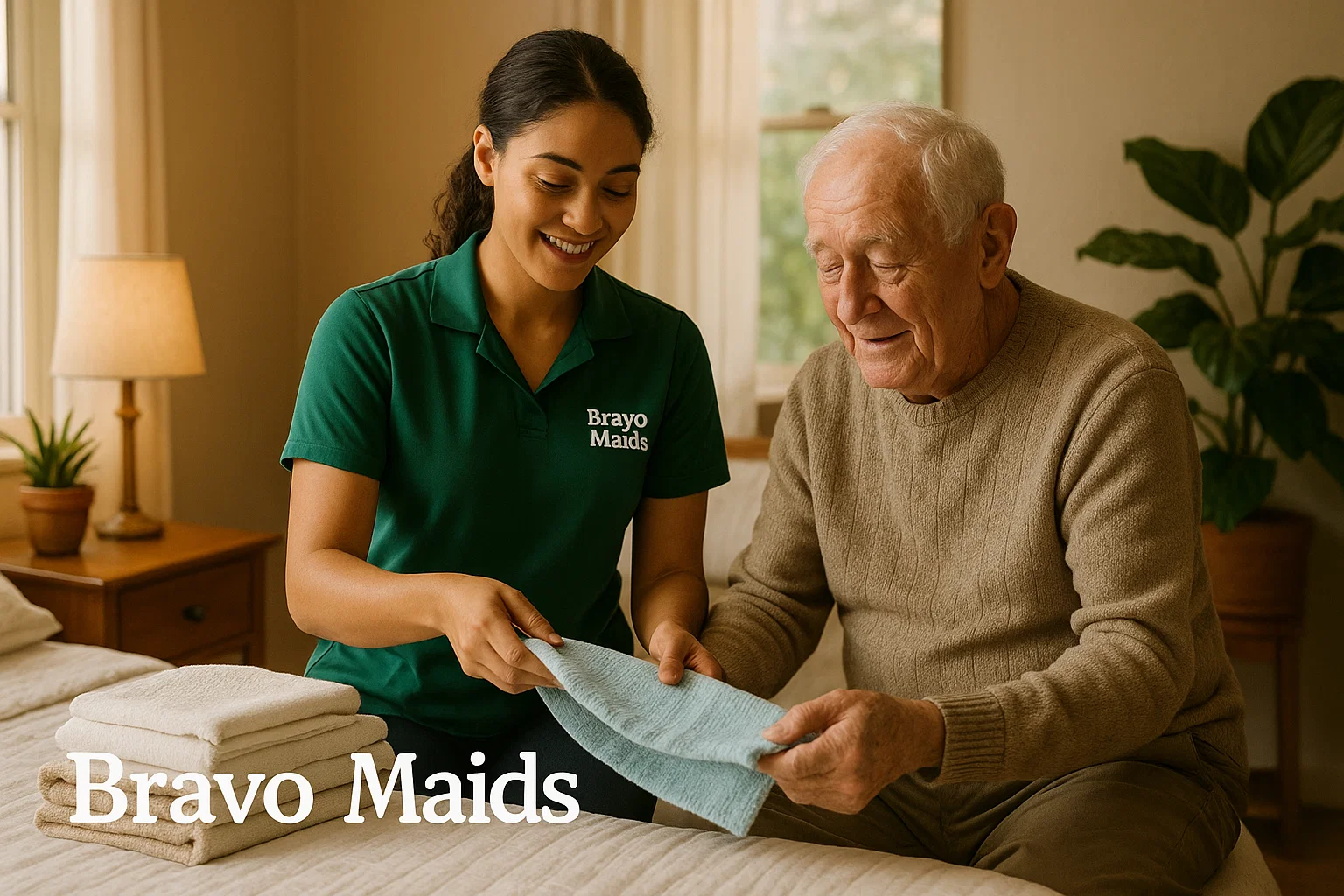 Professional Bravo Maids cleaner folding laundry with senior client in San Diego home