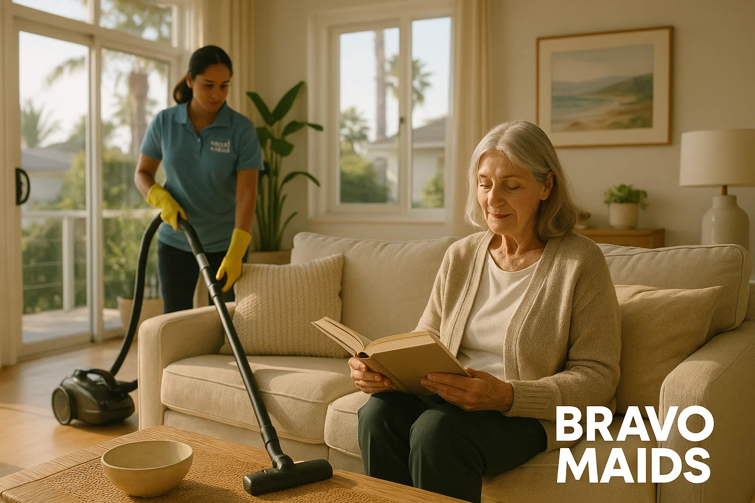 Senior enjoying a clean home with Bravo Maids professional in San Diego