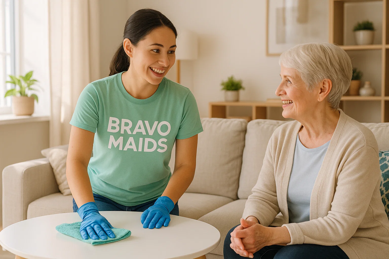 Bravo Maids cleaner helping a senior in a bright San Diego home