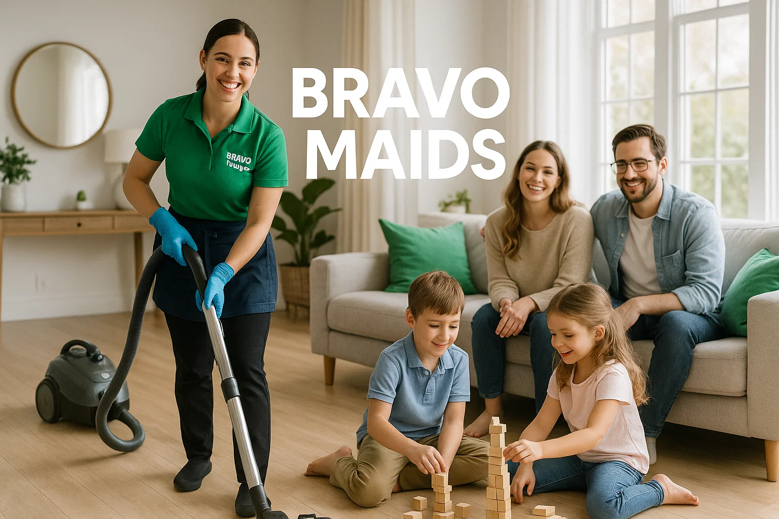 Happy family relaxing in a freshly cleaned living room in San Diego