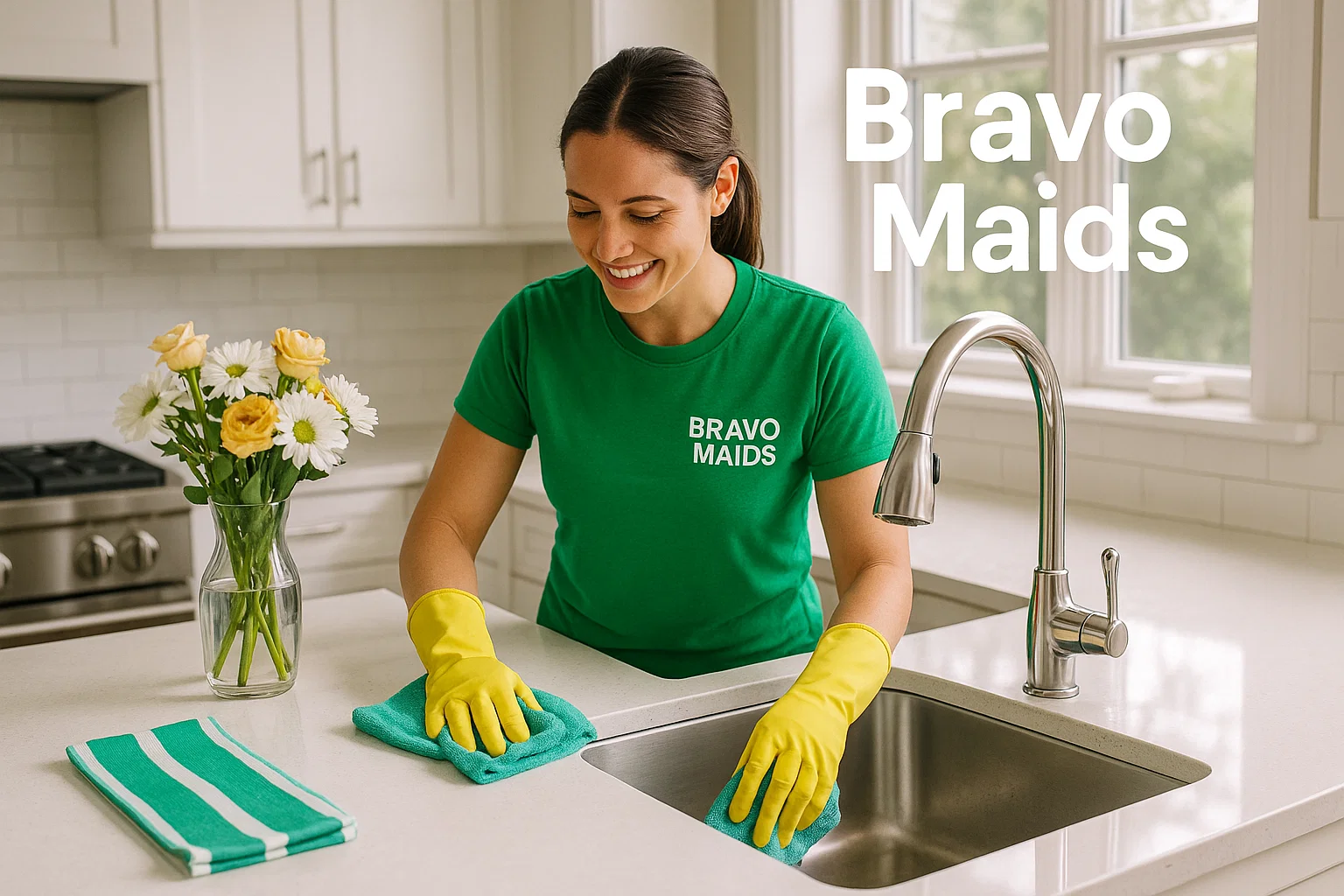 Bravo Maids deep cleaning a San Diego kitchen sink and countertops