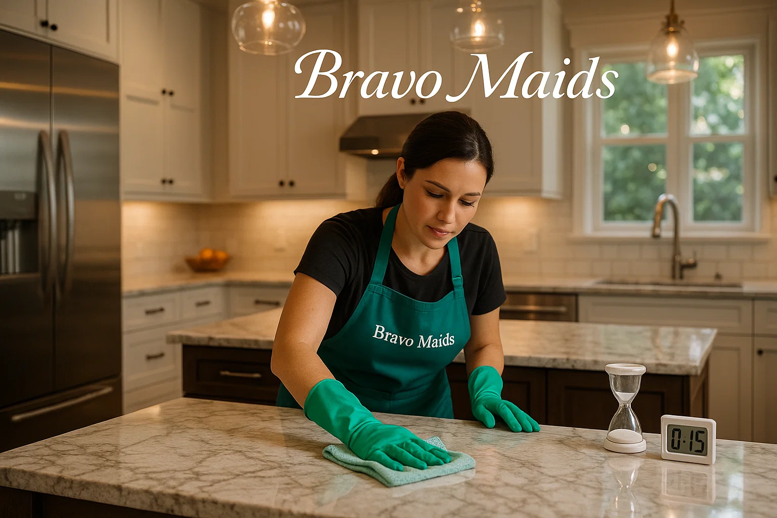 How Long Does a Deep Cleaning Take San Diego – Kitchen Surface Detailing with Bravo Maids Cleaner polishing San Diego kitchen surfaces during a timed deep cleaning service