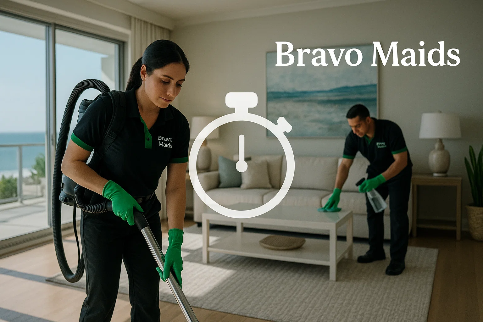 How Long Does a Deep Cleaning Take San Diego – Professional Cleaners Timing a Modern Home Professional Bravo Maids cleaners timing a deep cleaning in a modern San Diego home