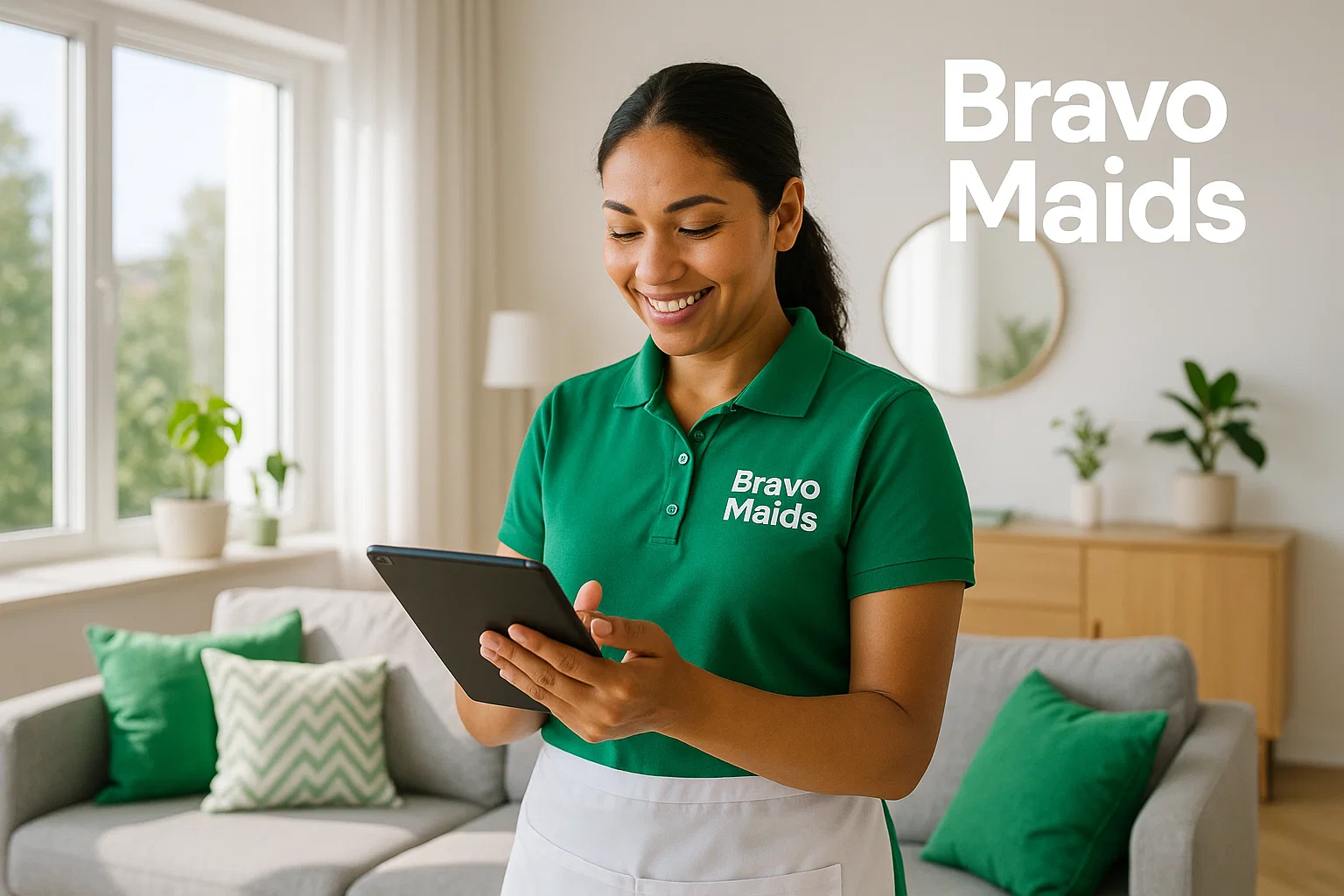 Local cleaners with flexible scheduling—professional cleaner greeting happy client for same-day service in San Diego – Bravo Maids