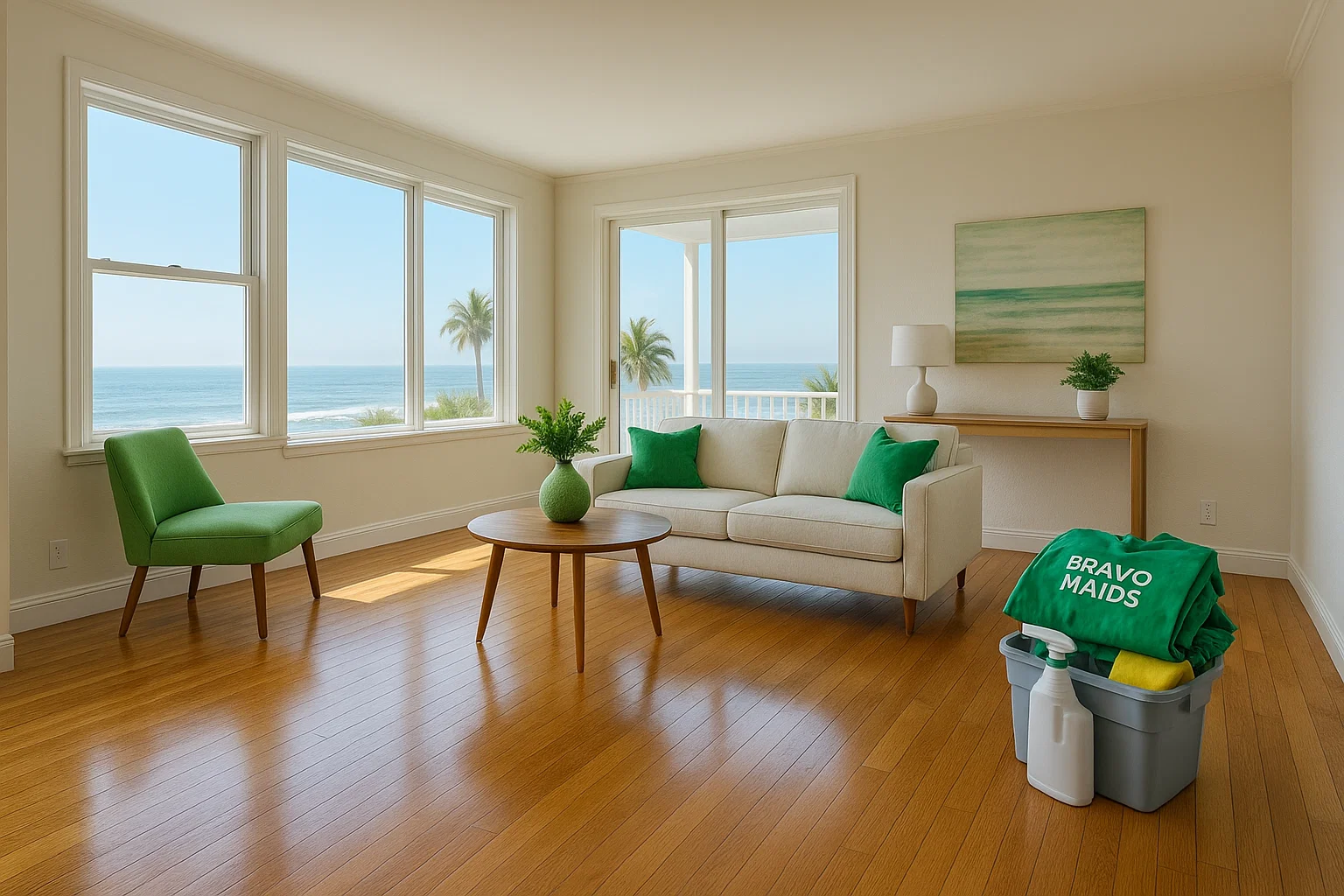 Ocean-View Living Room — After Move Out Cleaning Pristine Del Mar living room with ocean view after professional move out cleaning