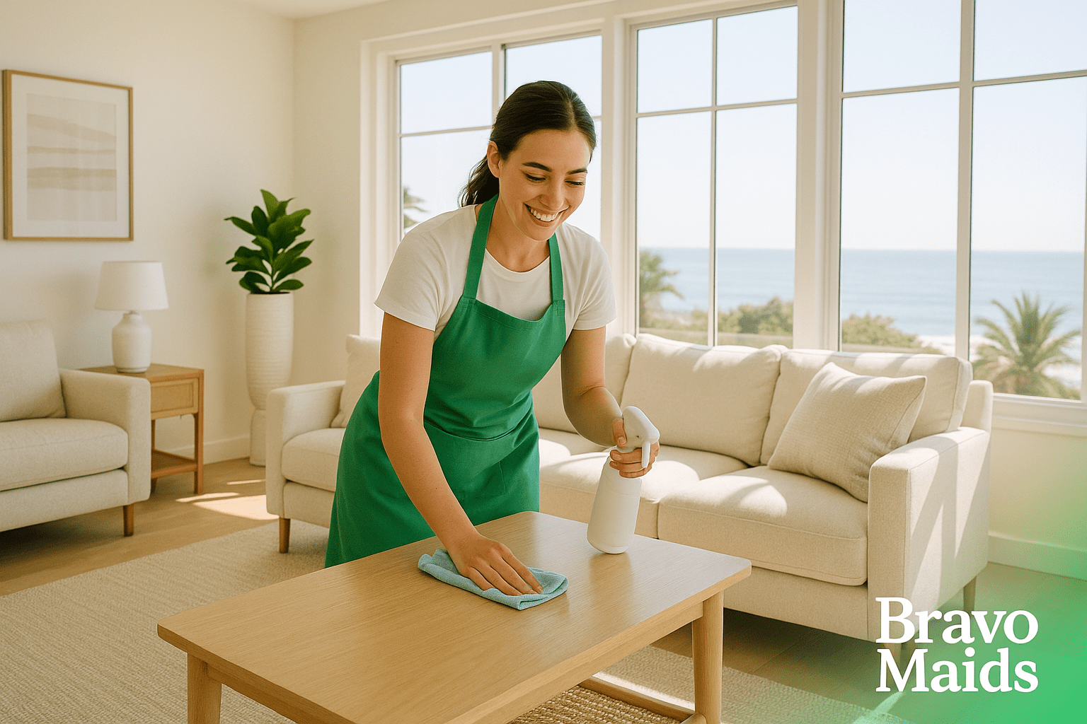 Professional cleaner performing recurring house cleaning in a modern San Diego living room with natural light