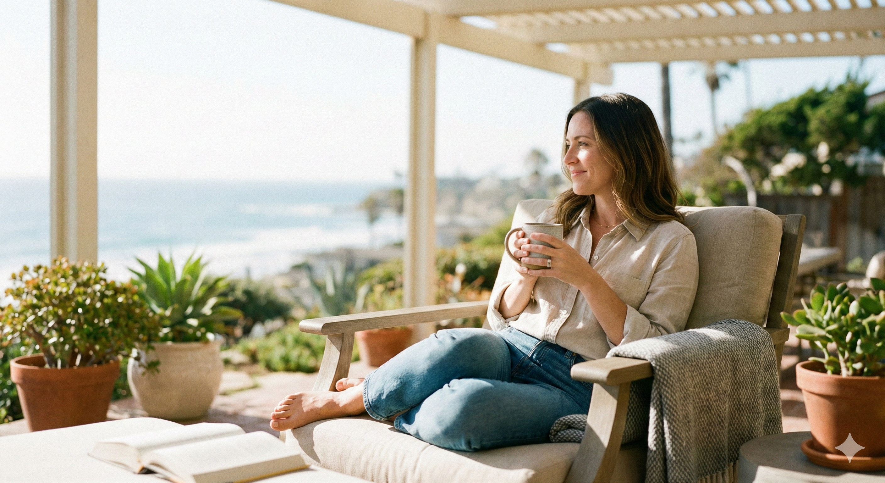 Reclaim Your Weekend - Coastal San Diego Cleaning by Bravo Maids Relaxed homeowner enjoying coffee on a patio overlooking the ocean, enjoying the free time provided by Coastal San Diego Cleaning by Bravo Maids