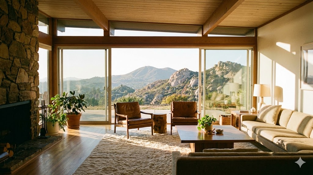 Bright living room with view of Mount Helix hills cleaned by Bravo Maids