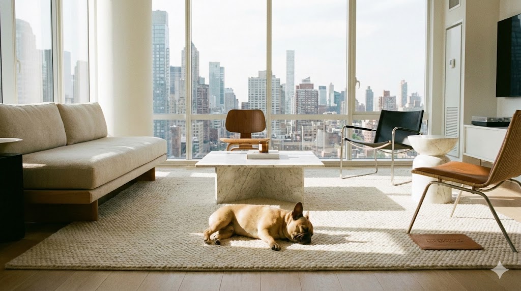 French Bulldog sitting in a clean modern apartment, showing pet safe cleaning