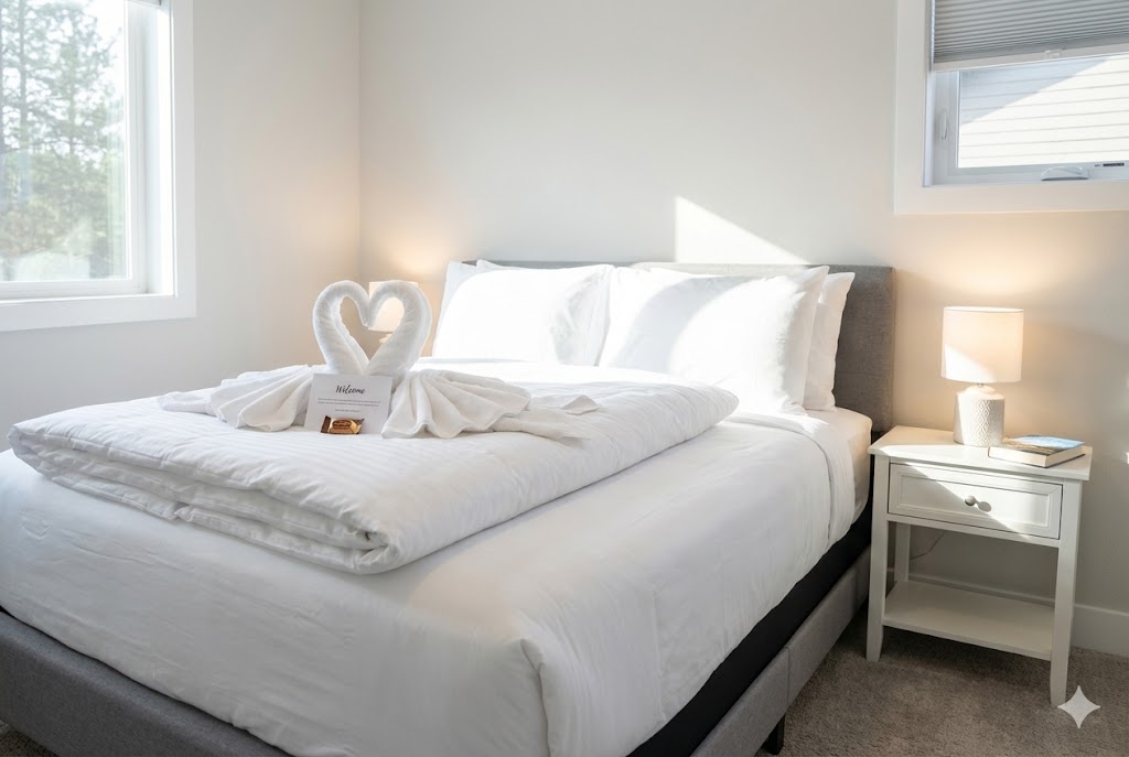 Perfectly made bed in Coronado vacation rental, guest ready