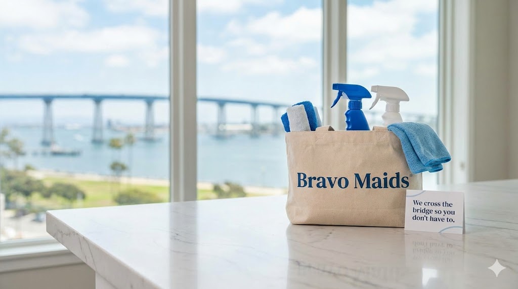 Cleaning supplies on counter with Coronado Bridge in background