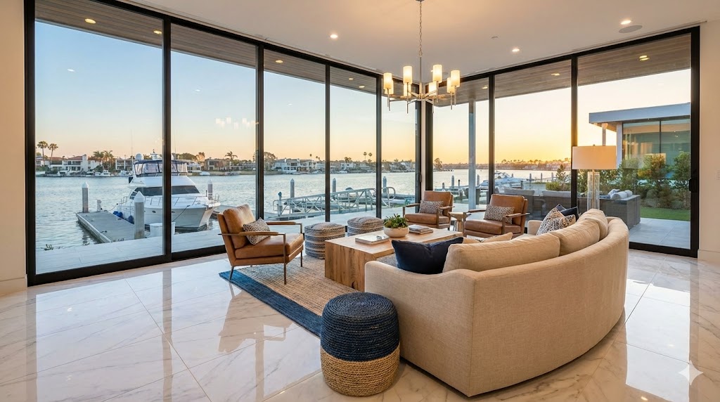 Luxury waterfront living room in Coronado Cays with spotless floors