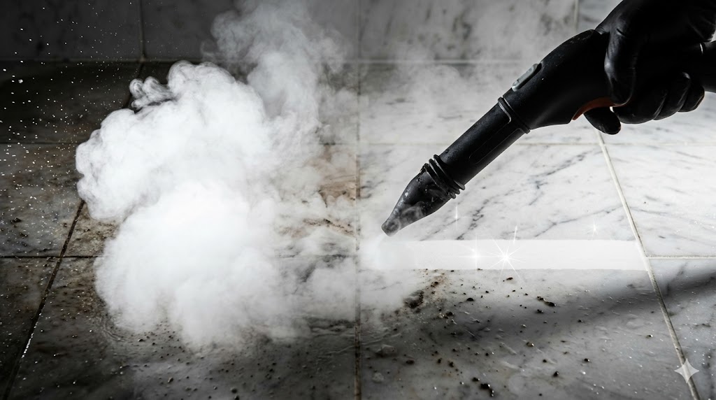 Professional steam cleaning nozzle removing grime from bathroom tile grout