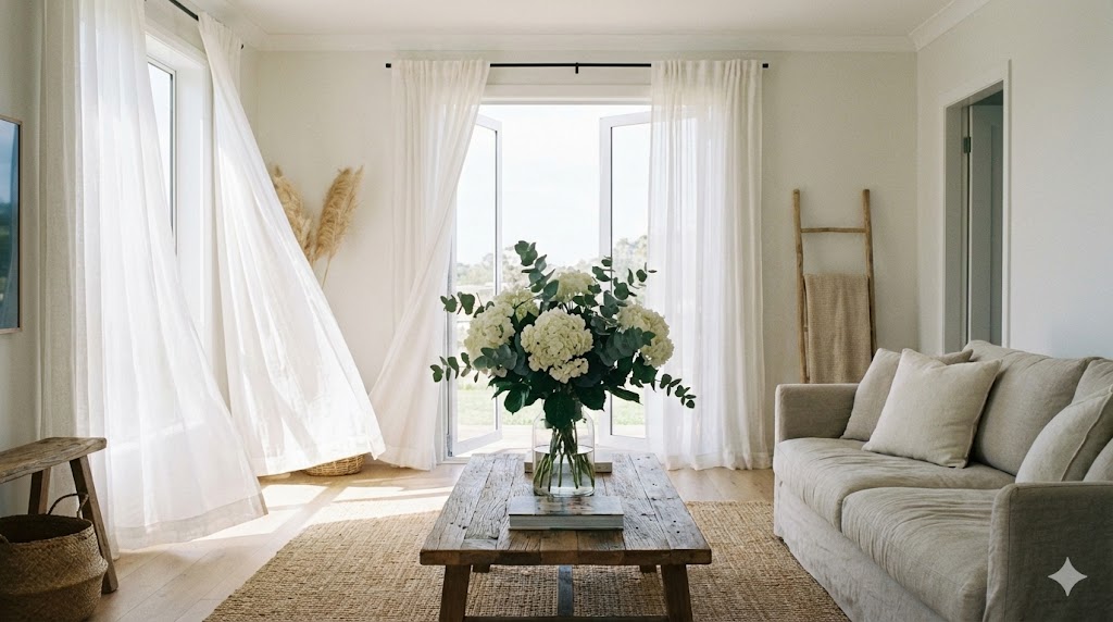 Bright living room with open windows and fresh flowers after a deep clean