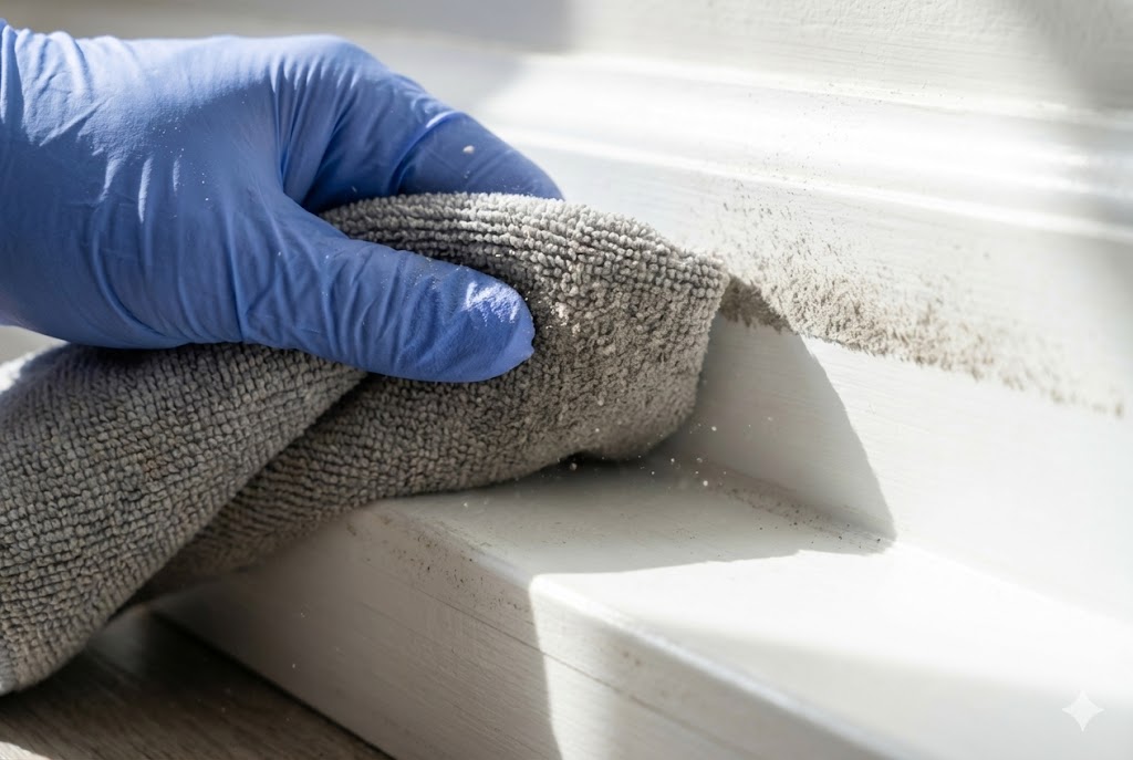 Close up of gloved hand wiping white baseboard with microfiber cloth