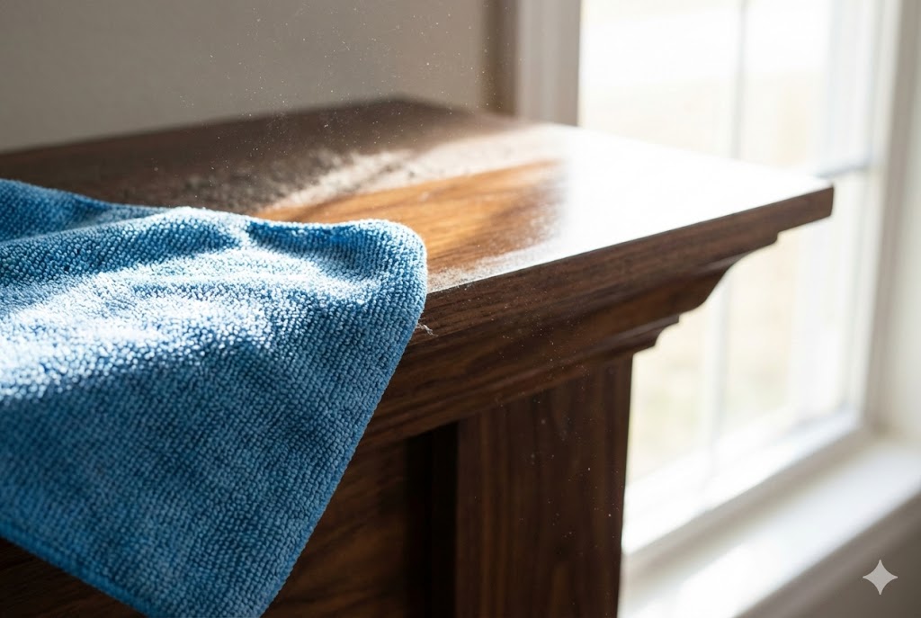 Professional cleaner using microfiber cloth to remove fine dust from wood mantel in Inland North County home