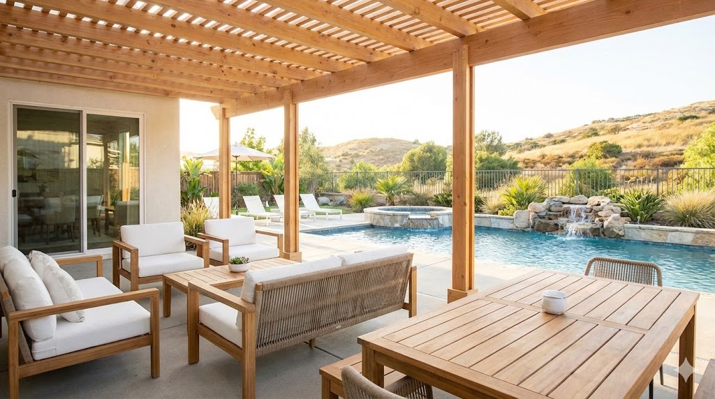 Clean covered patio overlooking pool in Spring Valley