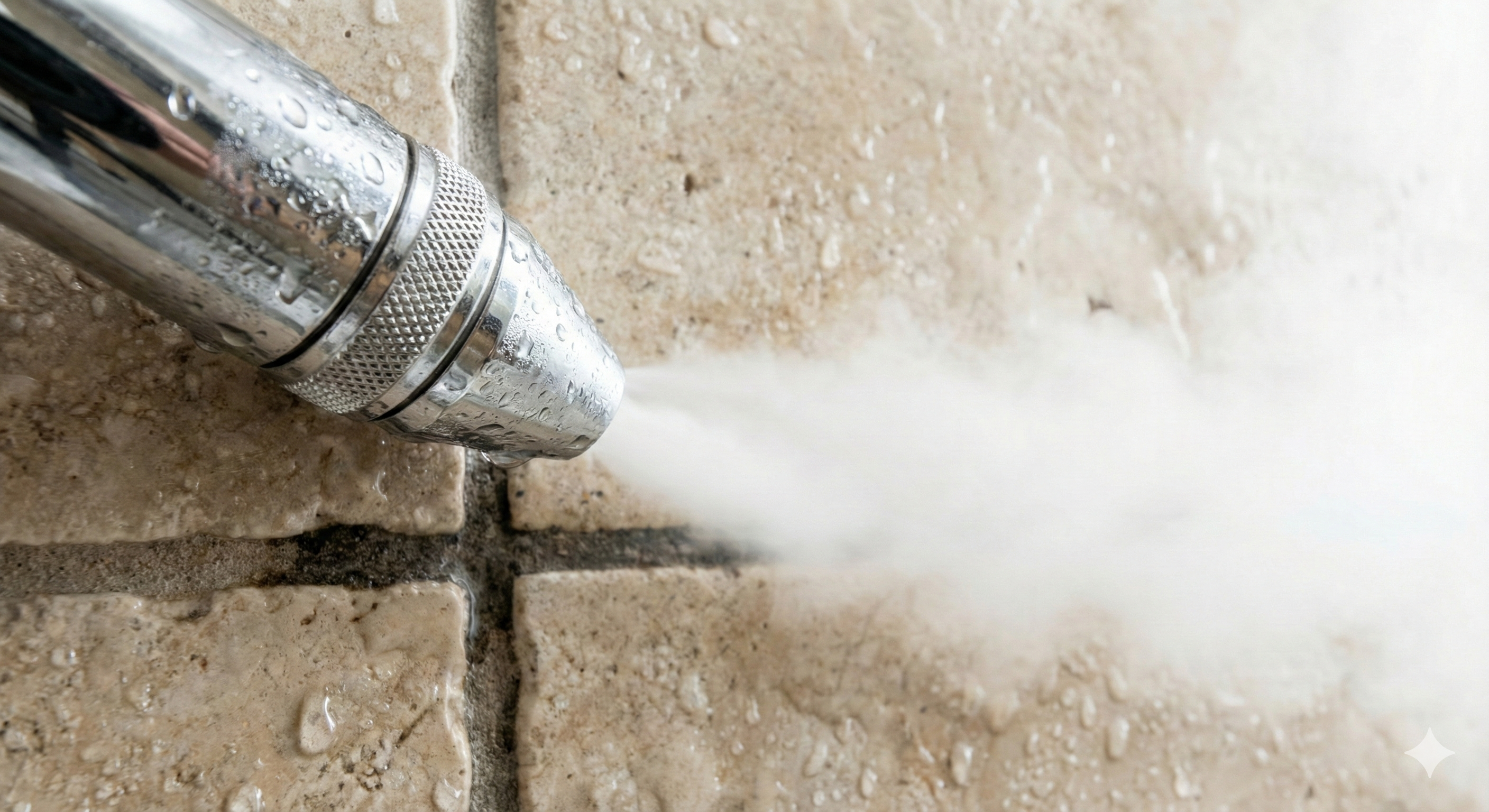 Close-up of professional steam nozzle sanitizing bathroom tile grout during a Coastal San Diego Cleaning by Bravo Maids