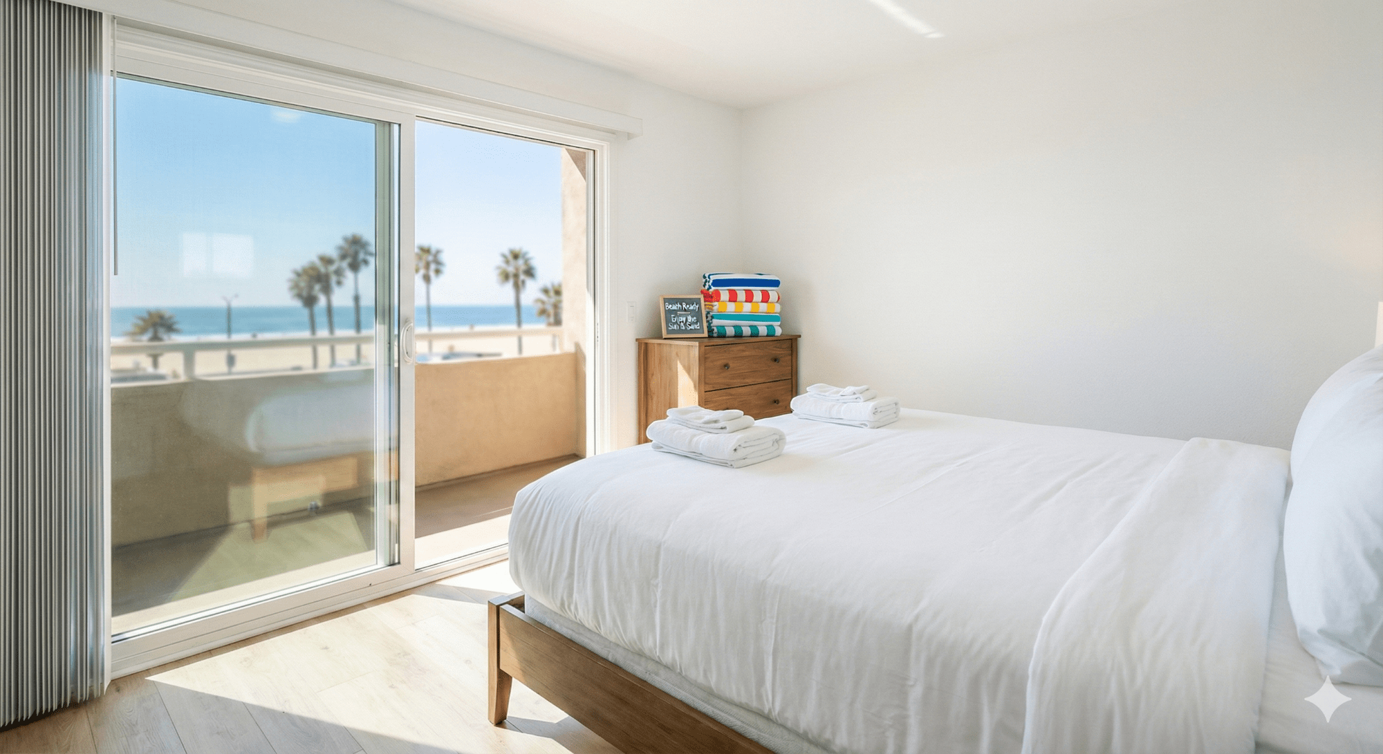 Coastal San Diego vacation rental bedroom with ocean view and hardwood floors