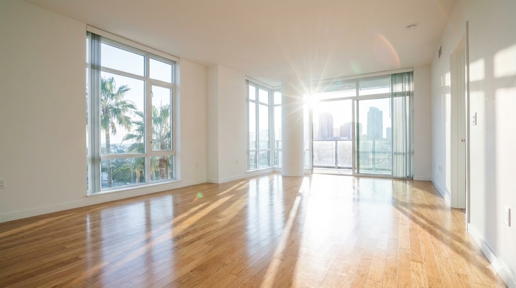 Empty apartment living room in San Diego with spotless floors after Bravo Maids move-out cleaning