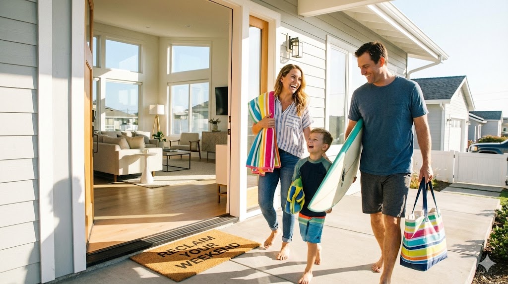 Happy family leaving for the beach while their home is cleaned by Bravo Maids