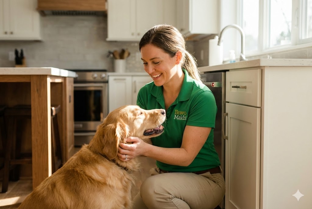 Friendly Bravo Maids cleaner petting a dog in a client's home