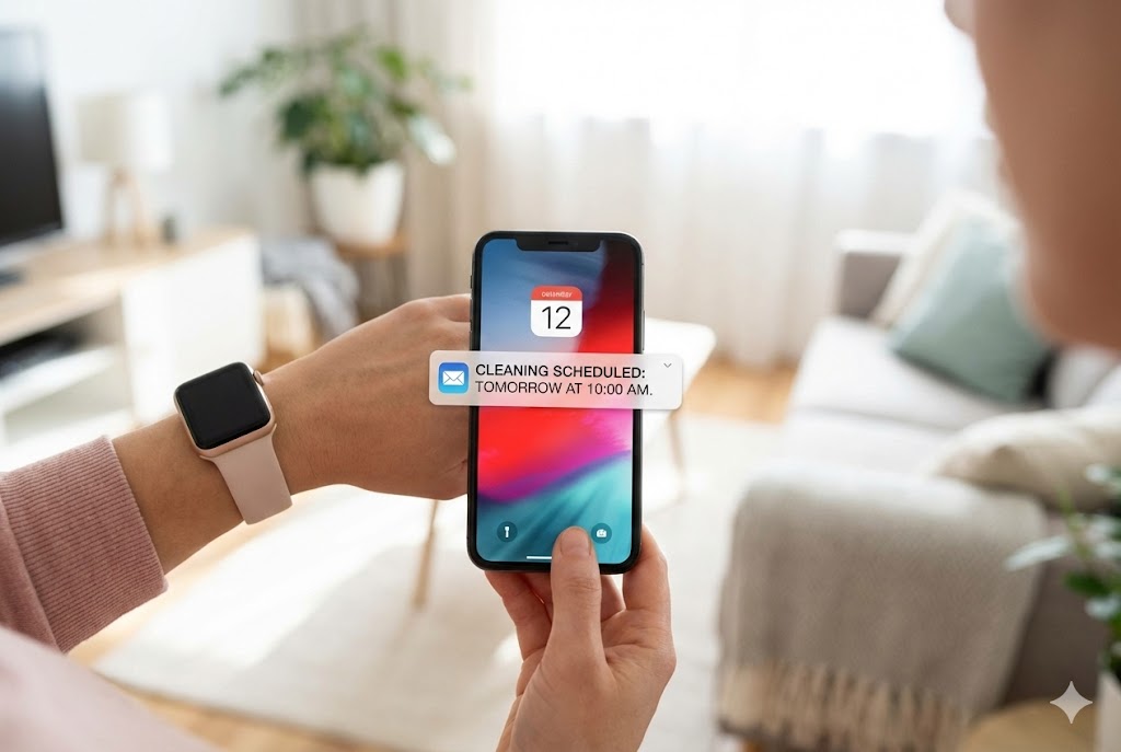 Smartphone showing automated cleaning reminder notification